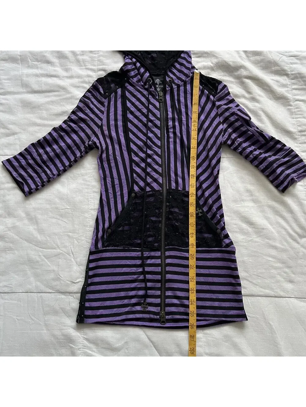 Ozz On Purple Black Striped Hooded Tunic Top Lace Zip Size S Japan